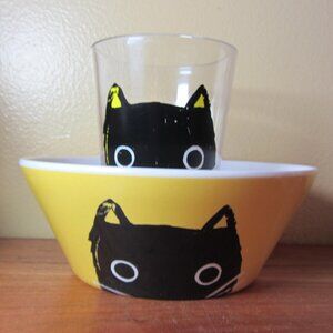pottery barn kids black cat 12 oz plastic cup & melamine bowl spooky (W5531)